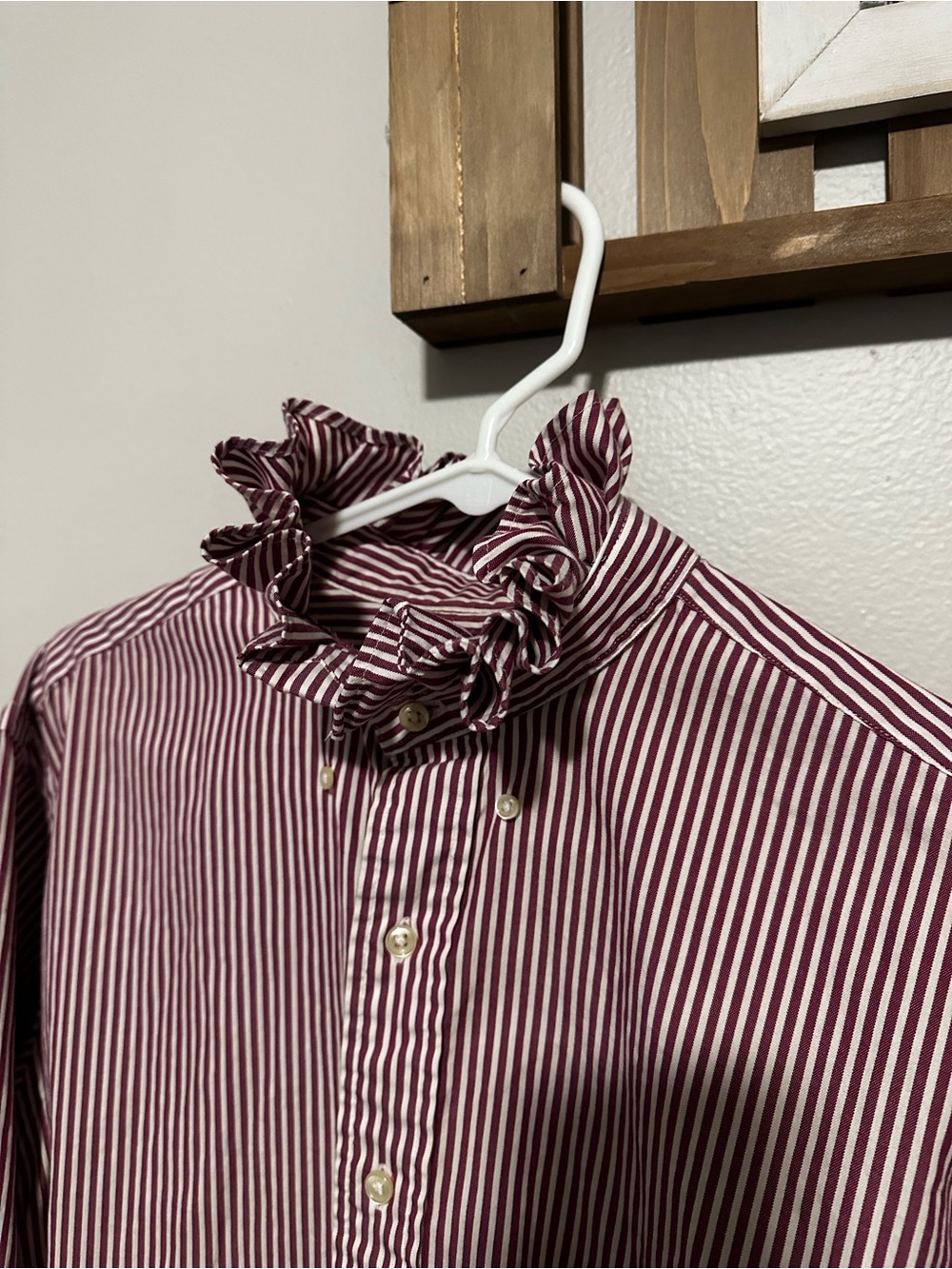 Polo by Ralph Lauren Burgundy and White Striped Ruffle-Collar Button-Down
